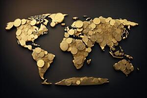 mundo mapa hecho de dinero monedas ilustración generativo ai foto