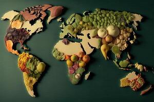 mundo mapa hecho de Fresco verduras creativo dieta comida sano comiendo concepto ilustración generativo ai foto