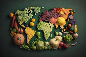 mundo mapa hecho de Fresco verduras creativo dieta comida sano comiendo concepto ilustración generativo ai foto