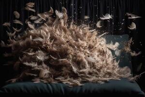 Burst of feathers exploding from a pillow in the air illustration photo