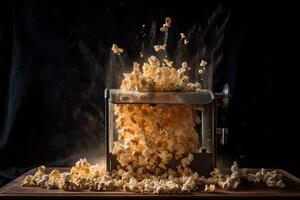 Estallar de palomitas de maiz granos explotando fuera de un palomitas de maiz máquina ilustración generativo ai foto