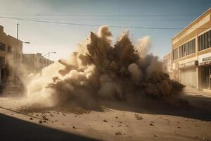 Estallar de polvo y escombros explotando desde un demolido edificio ilustración generativo ai foto
