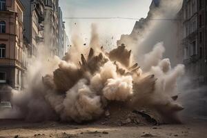 Burst of dust and debris exploding from a demolished building illustration photo