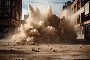 Burst of dust and debris exploding from a demolished building illustration photo