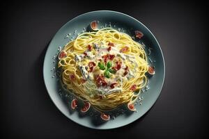 Carbonara unusual style Pasta plate view from the top isolated on black background illustration photo