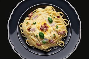 carbonara raro estilo pasta plato ver desde el parte superior aislado en negro antecedentes ilustración generativo ai foto