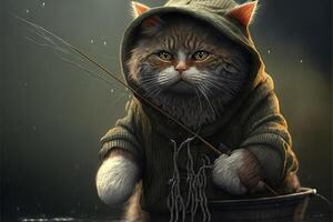 cat fisherman llustration photo