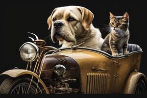 perro y gato en antiguo coche sidecar ilustración generativo ai foto