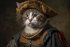 Cat as Christopher Columbus famous historical character portrait illustration photo