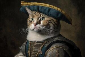 Cat as Christopher Columbus famous historical character portrait illustration photo