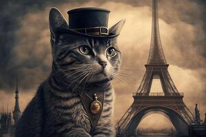 Cat as Gustave Eiffel famous historical character portrait illustration photo
