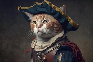 Cat as Christopher Columbus famous historical character portrait illustration photo