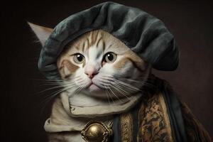 Cat as Christopher Columbus famous historical character portrait illustration photo