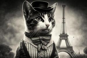 Cat as Gustave Eiffel famous historical character portrait illustration photo