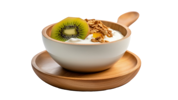 Mango yogurt with granola and kiwi in wooden bowl Illustration png