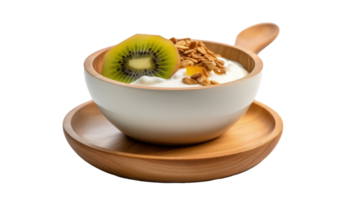 Mango Joghurt mit Granola und Kiwi im hölzern Schüssel Illustration ai generativ png