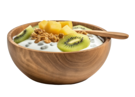 Mango yogurt with granola and kiwi in wooden bowl Illustration png