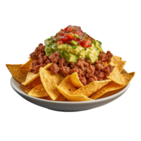 Corn chips nachos with fried minced meat and guacamole isolated Illustration png