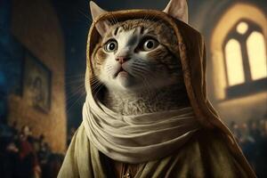 Cat as Saint Francis of Assisi wearing poor jute habit illustration photo