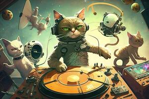 Cat as a DJ, wearing headphones and spinning records on a spaceship while surrounded by a group of dancing aliens illustration photo
