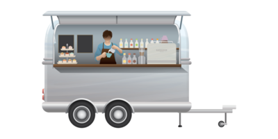 strada bar furgone trailer con barista dentro isolato illustrazione. piccolo attività commerciale e strada cibo concetto. png