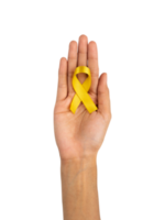 Hands holding health awareness symbol. Yellow ribbon sign isolated png