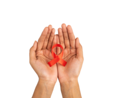 hands holding red ribbon. HIV AIDS awareness symbol png