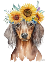 Dackel Hund Rasse mit Sonnenblume Aquarell Illustration, ai generativ png