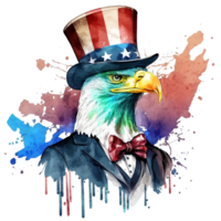 Watercolor patriotic bald american eagle with hat, 4th of July element, png