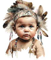 Native american kid with feather crown watercolor, AI Generative png