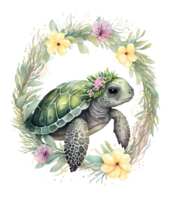 Sea turtle with flower watercolor, png