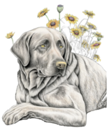 Labrador Retriever mit Sonnenblume Aquarell Illustration, ai generativ png