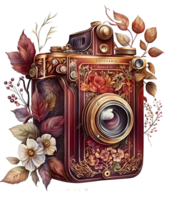 vintage old polaroid camera with watercolor floral leaves and flowers, png