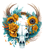 taureau crâne avec fleurs, boho et gothique style, isolé ai génératif png