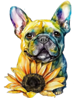 Frans bulldog met zonnebloem waterverf illustratie, ai generatief png