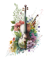 Violin covered with colorful flowers. watercolor graphics, png