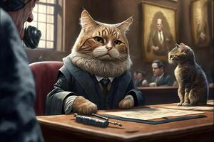 cat as lawyer at the court tribunal discussing the case illustration photo
