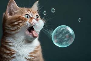 cat blows bubble gum on soft background illustration photo