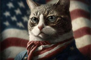 patriótico americano gato con Estados Unidos estrella y rayas bandera colores ilustración generativo ai foto