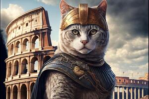 gato como romano emperador a coliseo Roma ilustración generativo ai foto