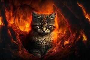 cat at the inferno hell in flames illustration photo