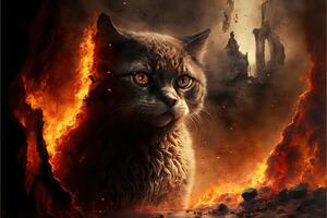 cat at the inferno hell in flames illustration photo