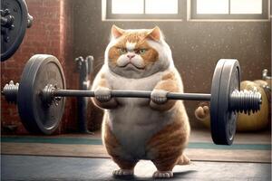 Fitness cat lifting a heavy big dumbbell illustration photo