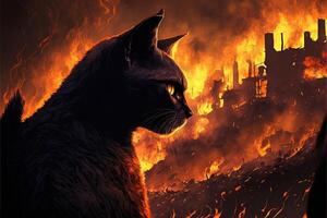 cat at the inferno hell in flames illustration photo