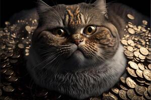 cat billionare in a lot of coins illustration photo