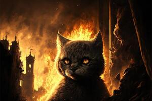 cat at the inferno hell in flames illustration photo