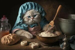 cat baker prepares cookies for baking in oven in the kitchen illustration photo