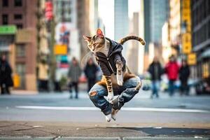 gato frenado danza del freno en el ciudad calle ilustración generativo ai foto