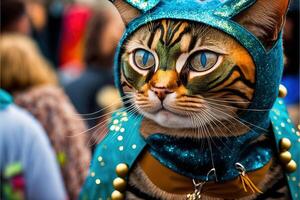 gato en carnaval disfraz a carnaval desfile ilustración generativo ai foto