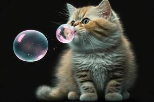 cat blows bubble gum on soft background illustration photo